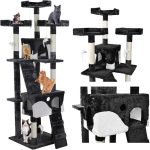 Fekete macska mászóka kaparófával, kuckókkal, és játék egerekkel – 170cm (BB2780) (10)