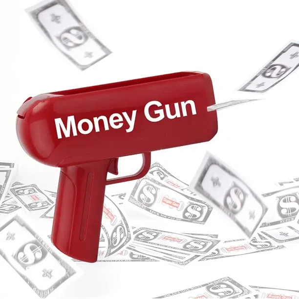 Money gun – piros színű elektromos pénzkilövő pisztoly 100 db játék bankjeggyel – esküvőre, bulira, fotózáshoz (BBV) (1)