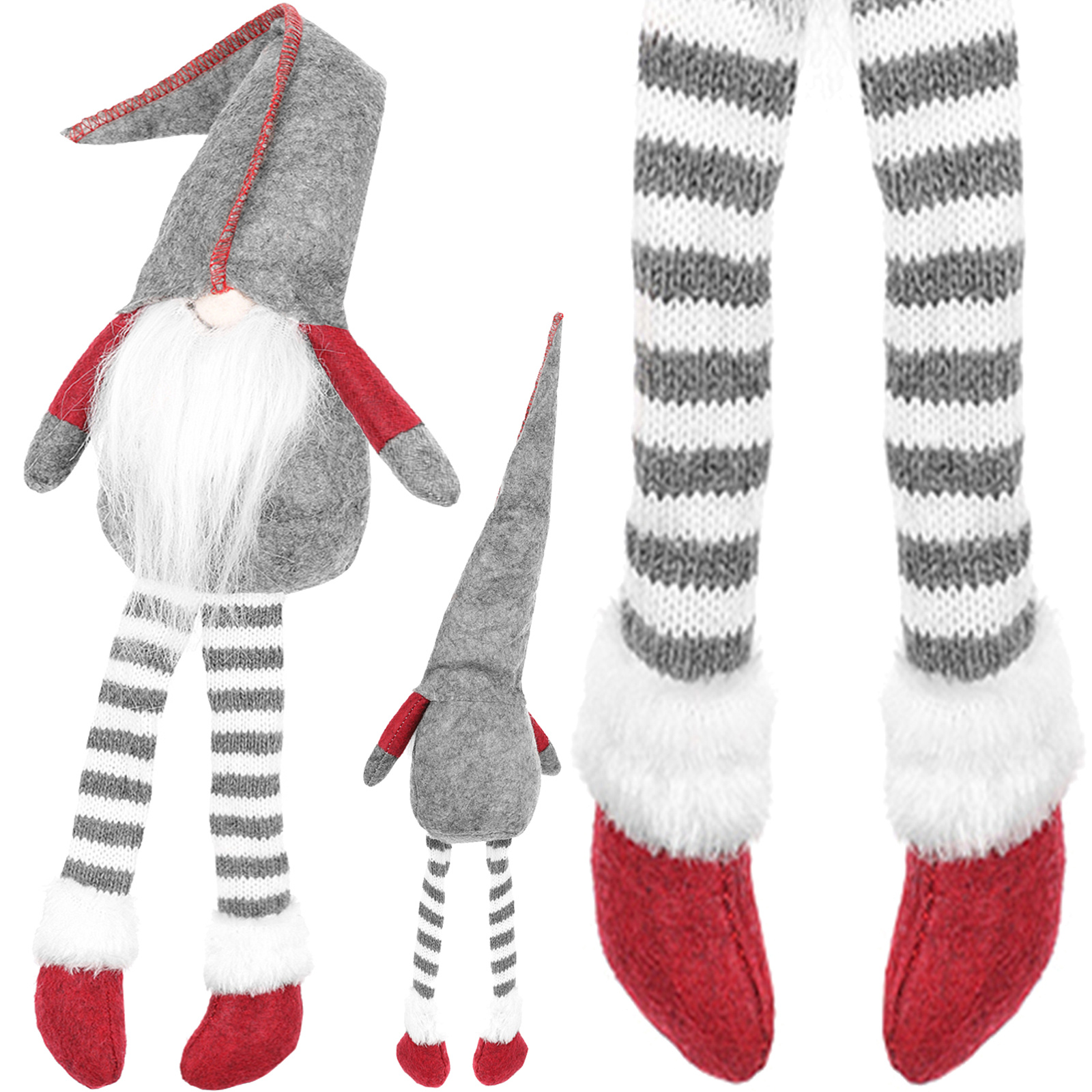 Skandináv manó textilből – karácsonyi dekoráció szürke ruhában, piros zoknikkal – 50 x 14 cm (BB-11426) (5)