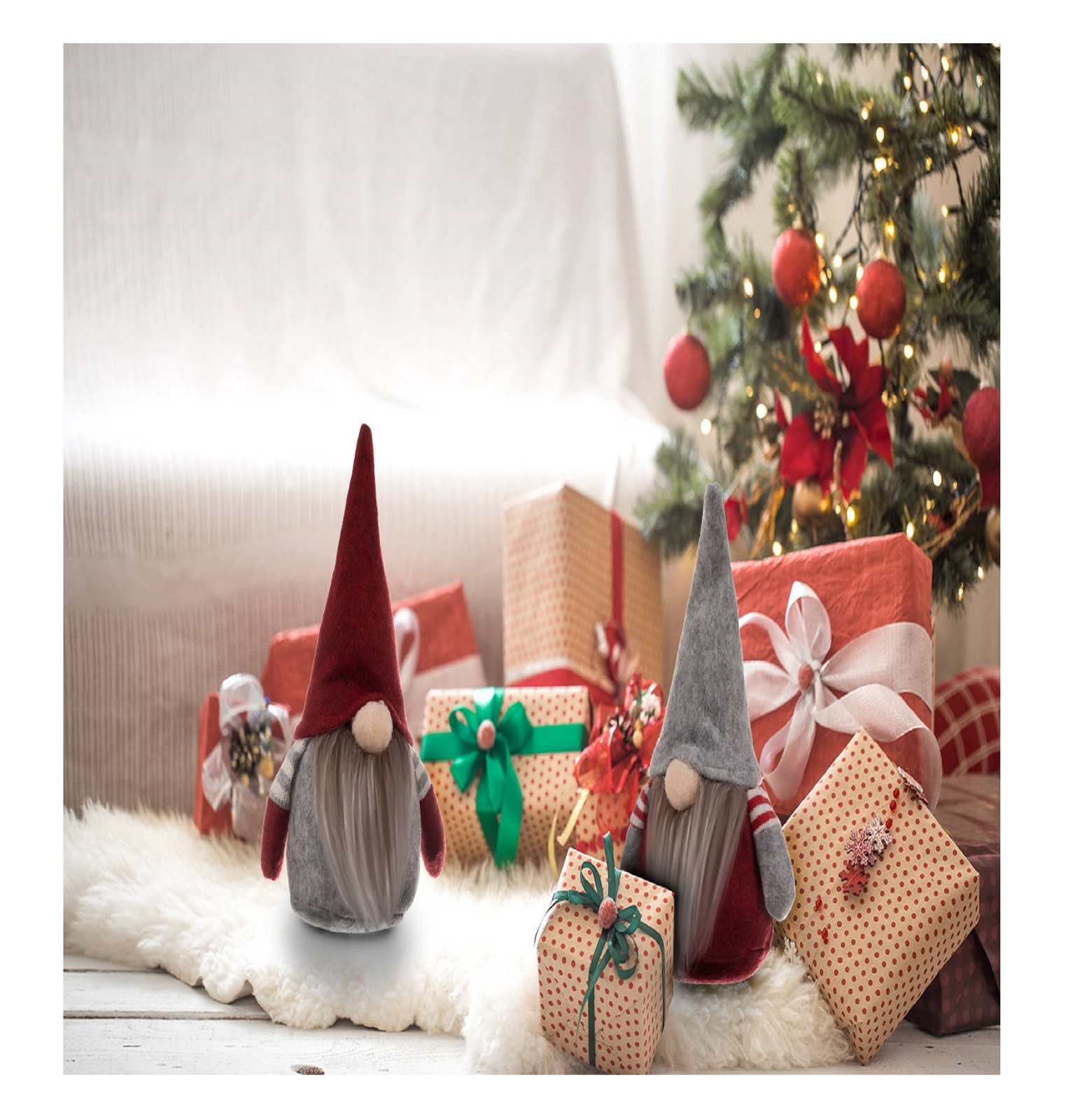 Pile of Christmas presents over light background on wooden table with cozy rug. Christmas decorations