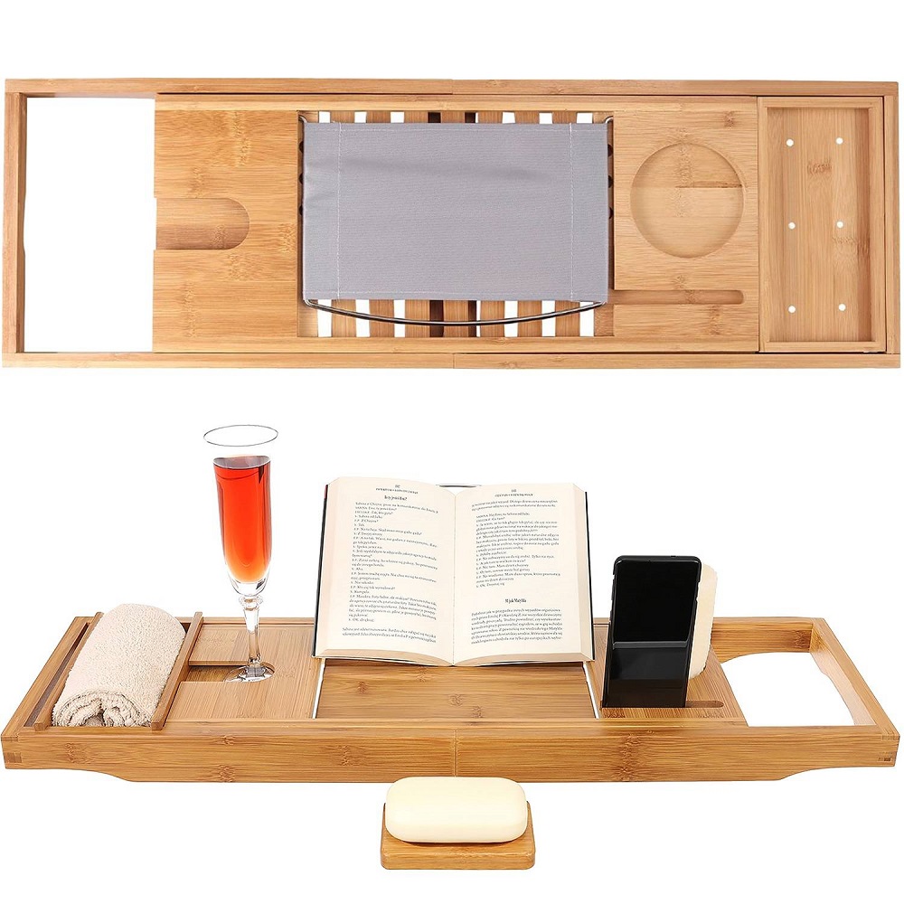 Többfunkciós, állítható bambusz fürdőkád tálca - pohár, könyv-, és gyertyatartóval (BB-9710)