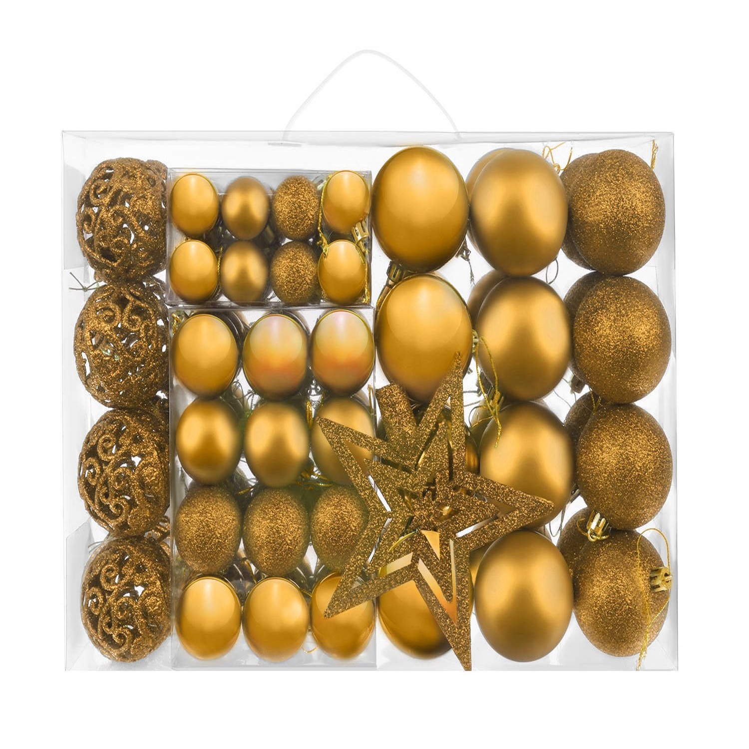 101 darabos karácsonyfadísz készlet – különböző gömbökkel, csillag alakú csúcsdísszel – arany (BB-114299 (12)