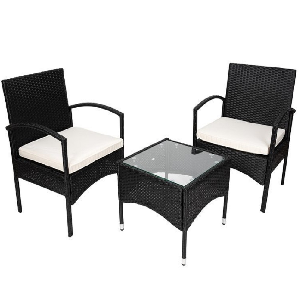3 részes elegáns megjelenésű kerti rattan bútorkészlet - 2 darab székkel, párnákkal, 1 darab üveglapos asztallal (BB-11965)