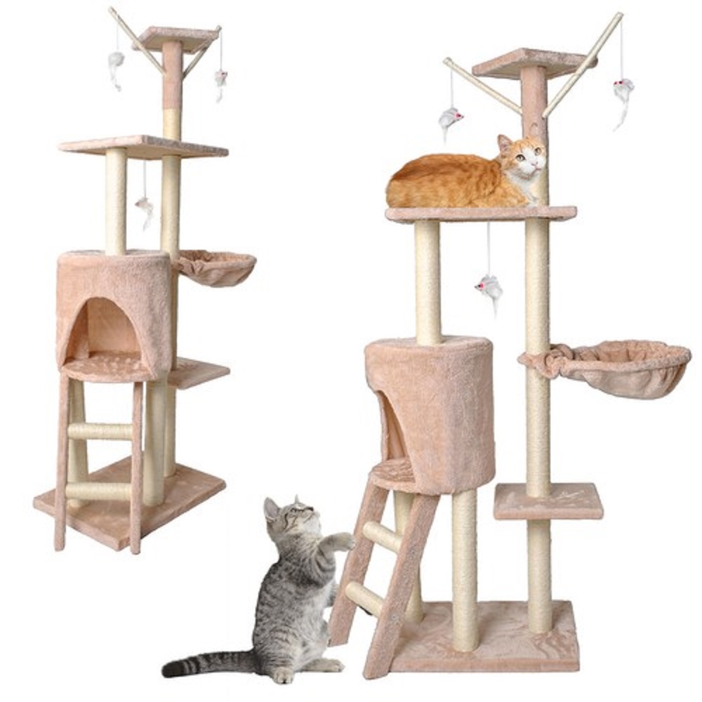 Macska mászóka kaparófával, fekvőhellyel, kuckóval és játék egerekkel – 138 x 55 cm (BB-7928) (7)