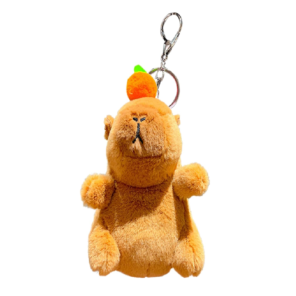 Capybara plüss kulcstartó sárgarépával– 12 cm-es aranyos állatfigura táskadísz és kulcstartó egyben (BBJ)1