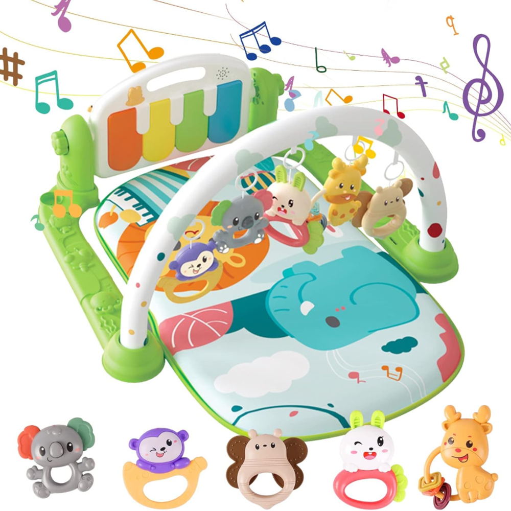 Piano Fitness baba játszószőnyeg – állatos csörgőkkel, hang-, és fényhatásokkal, altatózenével – Zöld (BBJ)1