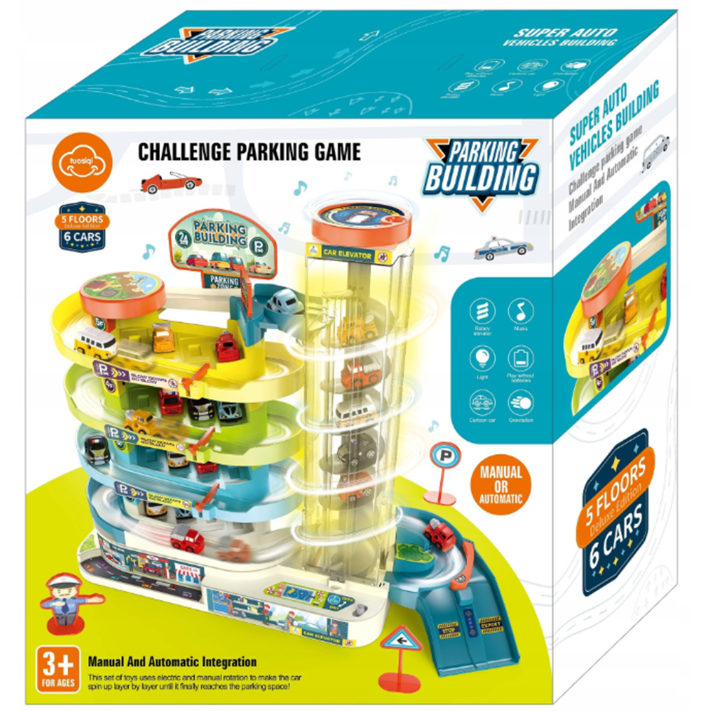 Gyermek 4 szintes parkolóház elektromos lifttel fényekkel és hangokkal – 6 autó, helikopter-leszálló (BBMJ) 9
