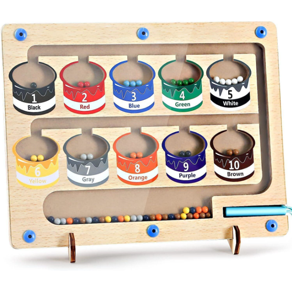 Mágneses szám- és színlabirintus fa készségfejlesztő játék – színrendező tábla 10 színes mágnesgolyóval, 3–8 éves gyerekeknek (BBJ) 1
