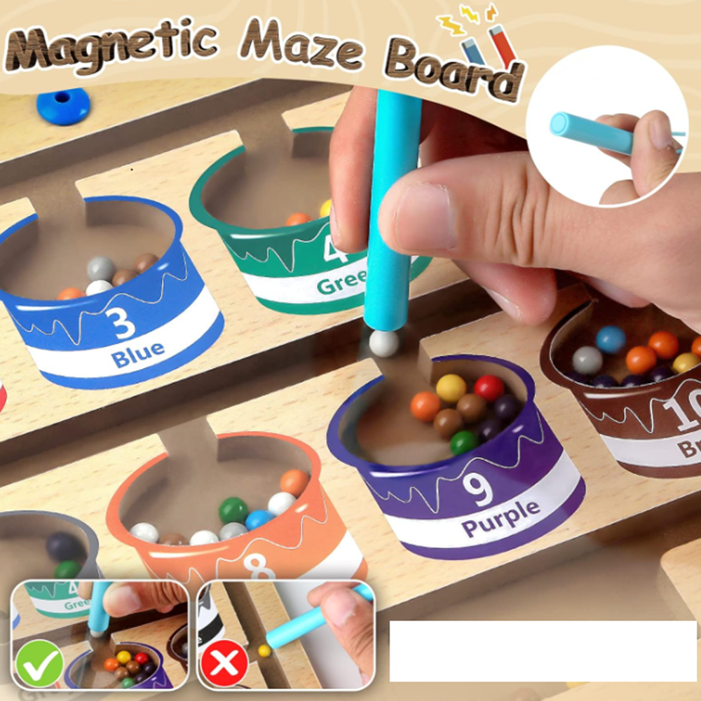 Mágneses szám- és színlabirintus fa készségfejlesztő játék – színrendező tábla 10 színes mágnesgolyóval, 3–8 éves gyerekeknek (BBJ) 4