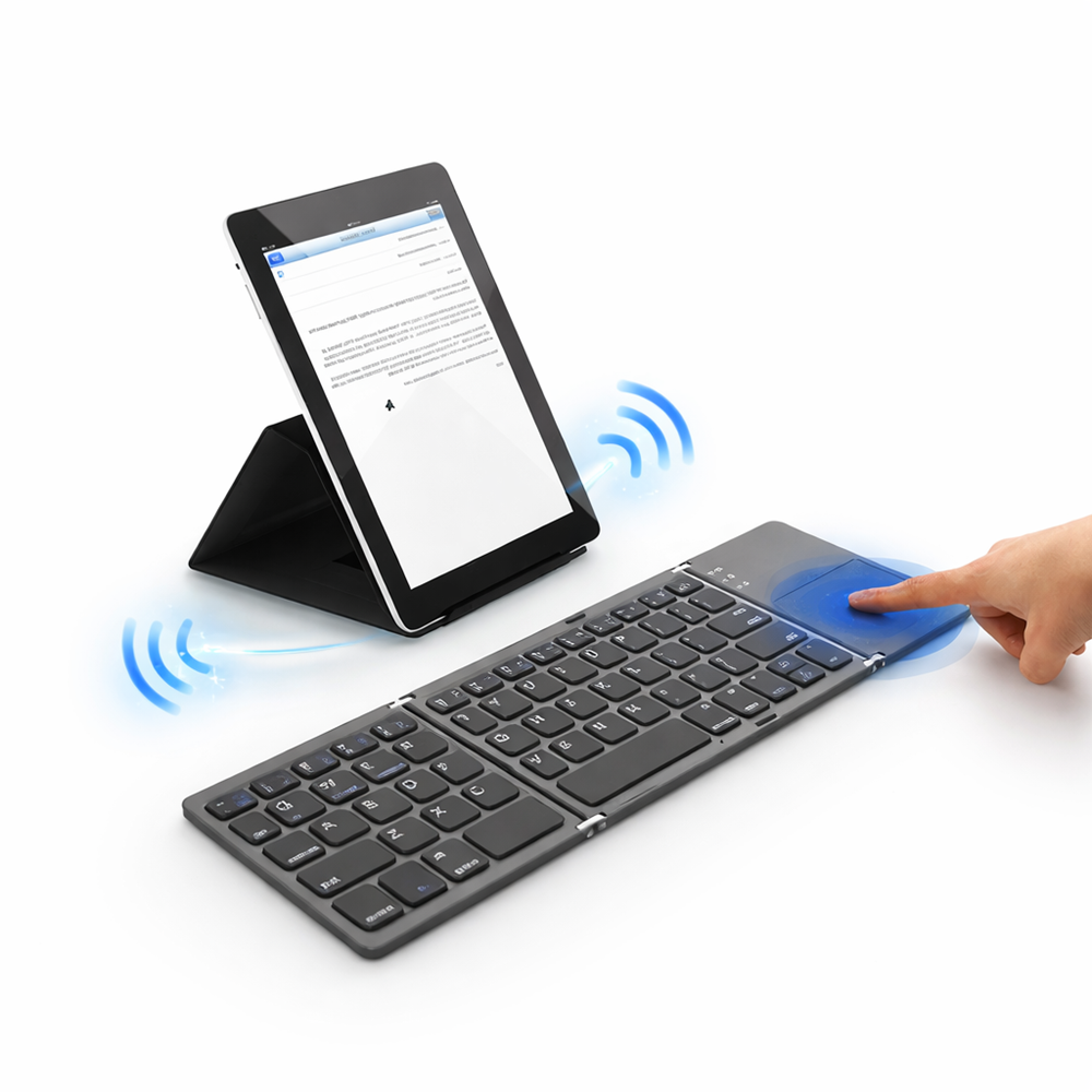 FoldKey összecsukható Bluetooth billentyűzet érintőpaddal – mini vezeték nélküli billentyűzet laptophoz, tablethez és mobilhoz (BBD) 1