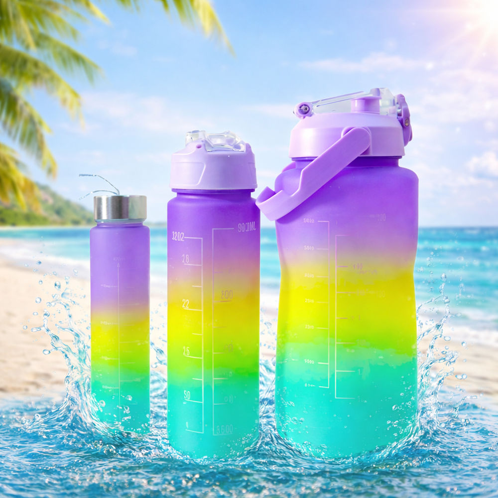 Háromrészes motivációs kulacs szett, lila-sárga-kék színkombinációban, 2L, 900 ml és 300 ml méretű palackokkal 9