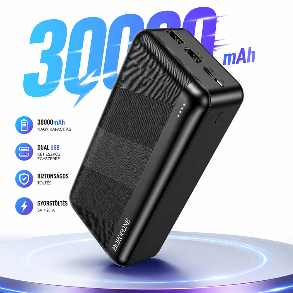 Borofone Power Bank 30000mAh – nagy kapacitású hordozható gyorstöltő fekete BJ27B (THM) 5