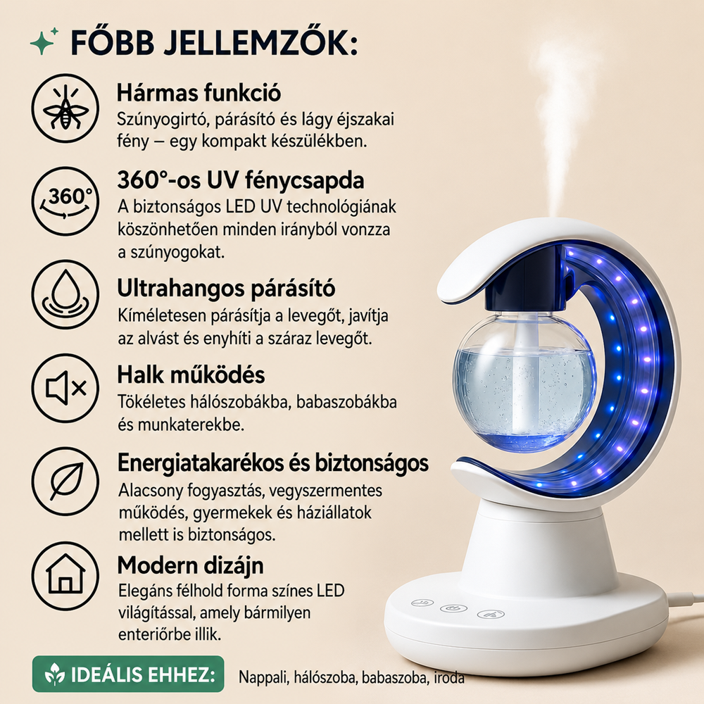 Hold alakú elektromos szúnyogirtó lámpa párásítóval és LED éjszakai fénnyel – fehér (BBM) 5