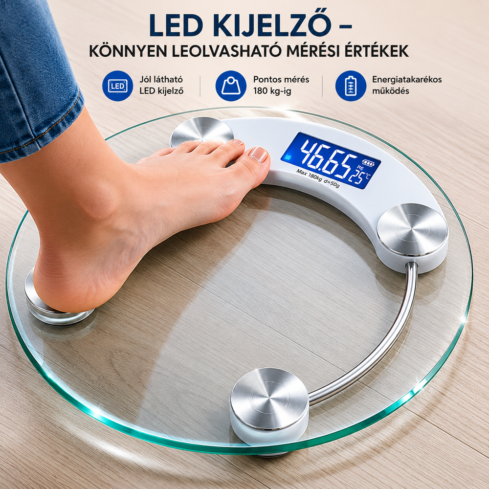 Kouvolsen KOS-17008 digitális személymérleg – LED kijelzős üveg testsúlymérő 180 kg (BBKM) 5