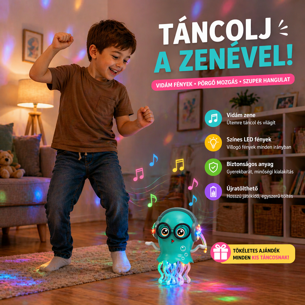 PoliPanna táncoló játék polip – szemüveges zenélő party medúza fényekkel gyerekeknek (BBMJ) 2