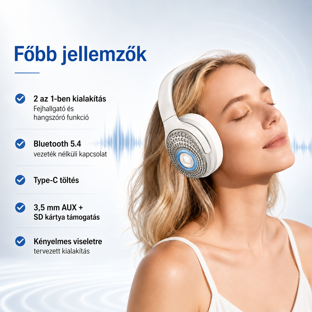 EZRA BW100 2 az 1-ben Bluetooth fejhallgató és hangszóró – Bluetooth 5.4, Type-C töltéssel (BBD) 4