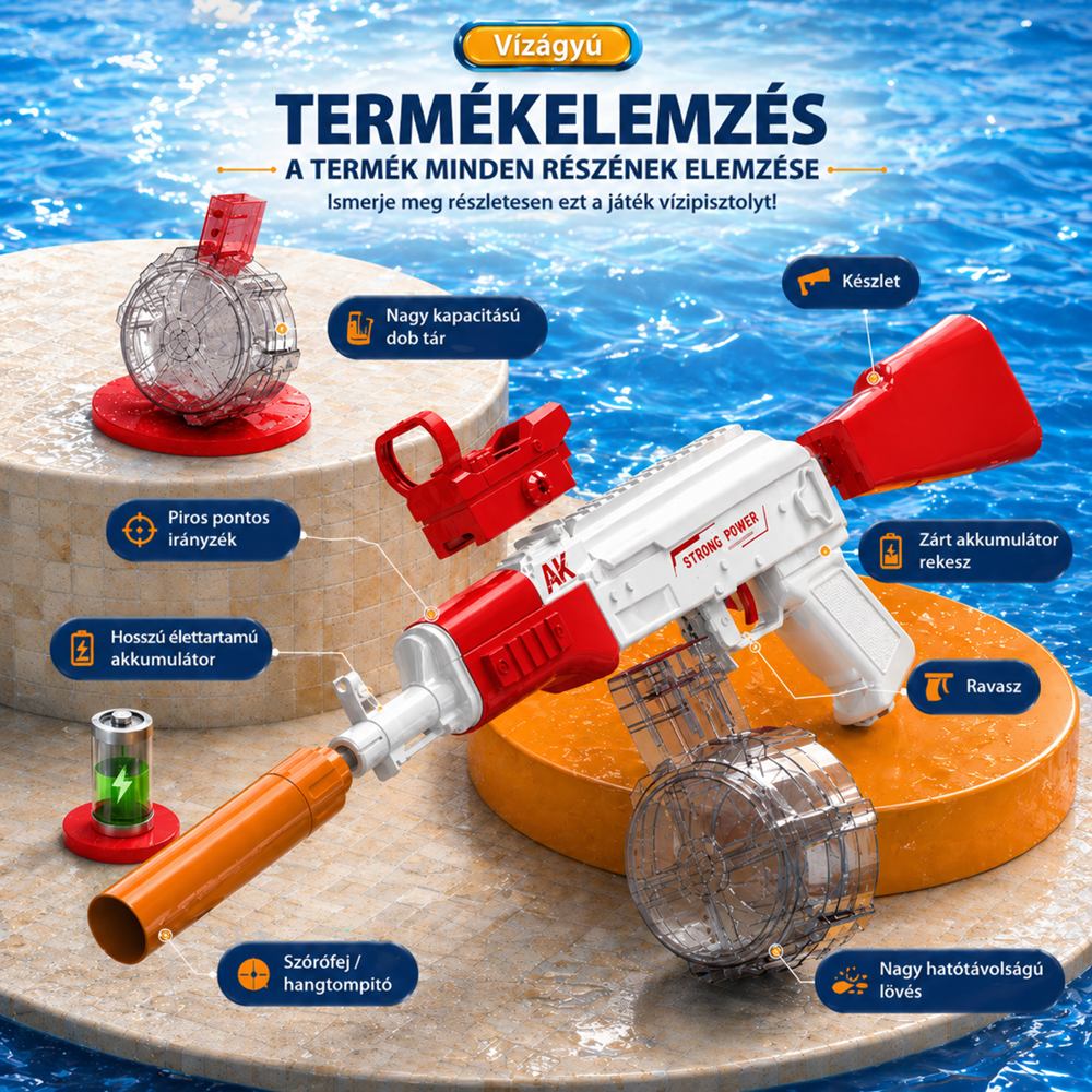 HydroStrike AK47 elektromos vízipisztoly – automata vízfegyver nagy tartállyal, piros (BBMJ) 3