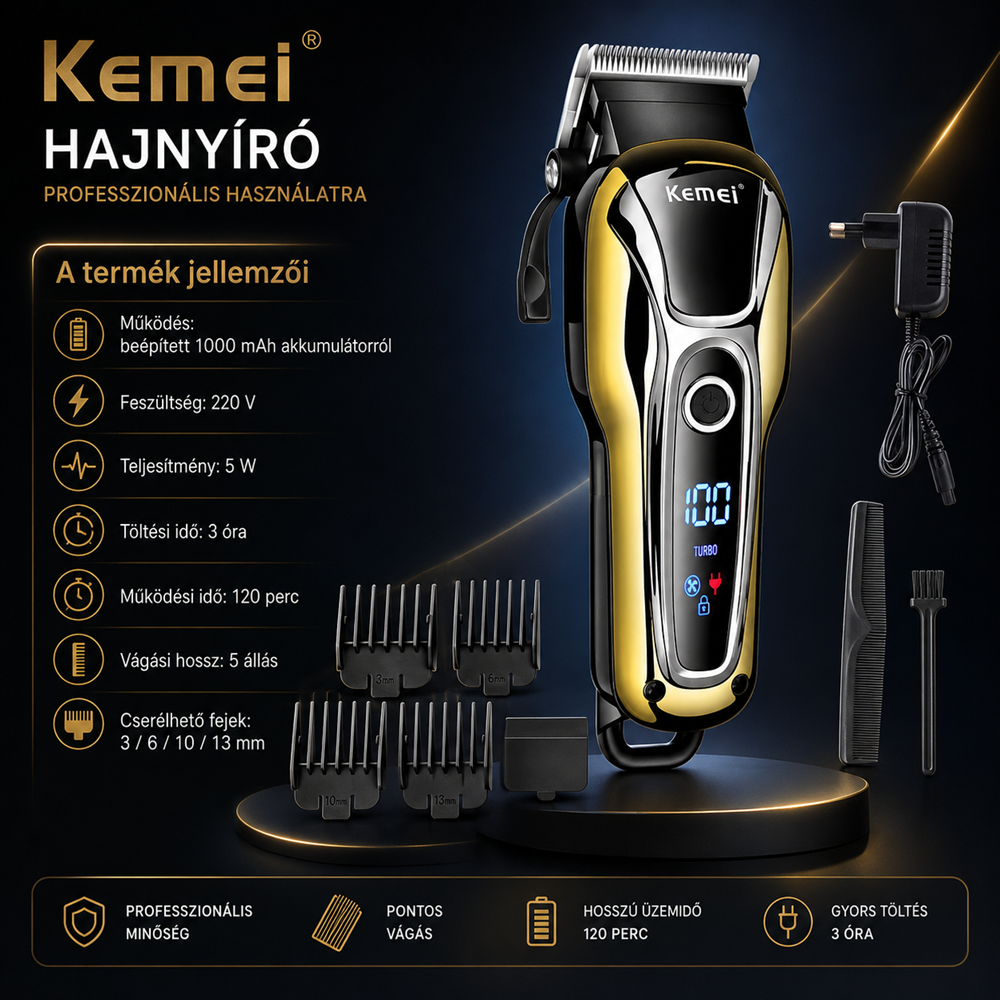 Kemei KM-1990 professzionális akkumulátoros hajvágó – 5 féle hosszúságban állítható – 220V (BBD) 4 (2)