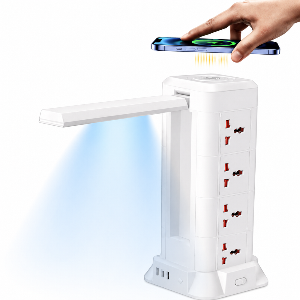 Többfunkciós LED asztali lámpa elosztóval, USB töltővel és vezeték nélküli telefontöltővel (BBD) 1