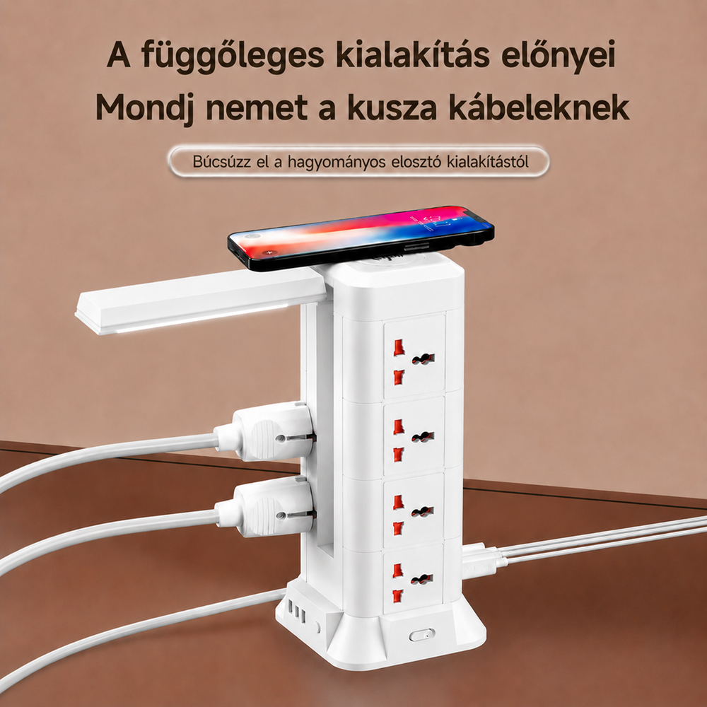 Többfunkciós LED asztali lámpa elosztóval, USB töltővel és vezeték nélküli telefontöltővel (BBD) 2