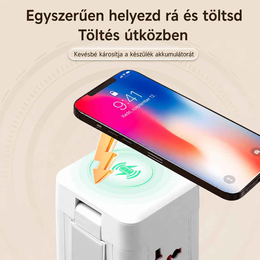 Többfunkciós LED asztali lámpa elosztóval, USB töltővel és vezeték nélküli telefontöltővel (BBD) 3