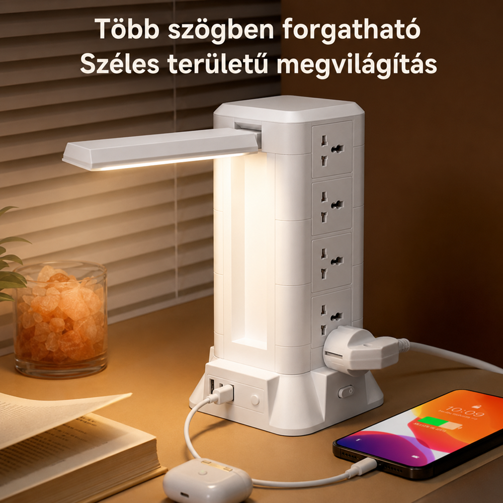 Többfunkciós LED asztali lámpa elosztóval, USB töltővel és vezeték nélküli telefontöltővel (BBD) 4