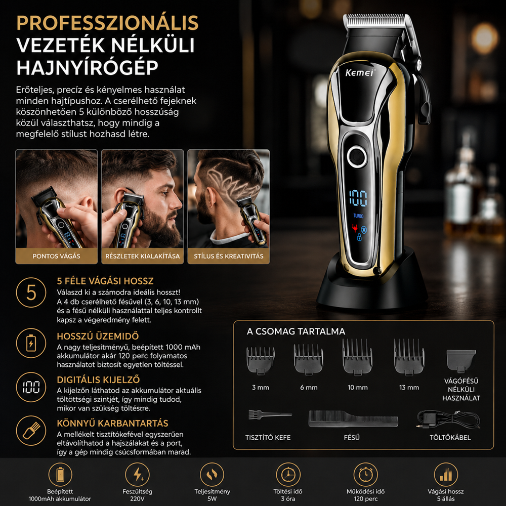 Kemei KM-1990 professzionális akkumulátoros hajvágó – 5 féle hosszúságban állítható – 220V (BBD) 5 (2)
